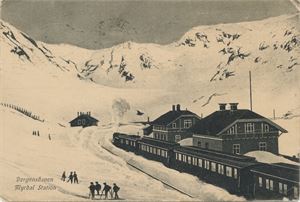 Postkort jernbane MYRDAL stasjon vinter (HO) småf. (G.H. 813) brukt 1914