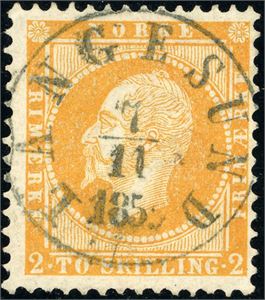 2. 2 skilling Oscar, rettvendt stemplet "Langesund 7.11.1859".