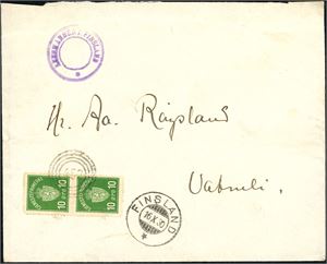 T 2, 10 øre Tjenestemerke i vertikalt par på konvolutt, aneert med 4-rings "452" (Lauslandsmoen, Finsland, VA), og ved siden stemplet "Finsland 16.10.30".