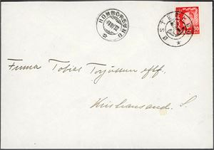 396. 30 øre Haakon på konvolutt, annullert med KPH "Østerlød" (AA, 8 pkt), og ved siden stemplet "Homborsund 13.3.52".