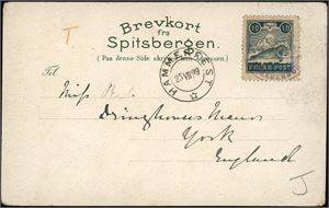 Spitsbergen E 3. 10 øre Polar-post-etikett på dekorativt kort, stemplet "Spitzbergen Smeerenburg". Ved siden stemplet "Hammerfest 25.7.99" og sendt til England. Påskrevet "T" i rødt.