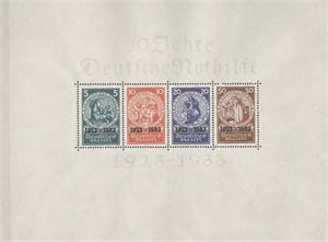 Tyskland Tyske Reich AFA 502-506 Miniark **  (Svimlende verdi) 10 års nødhjelp.  Miniarket har kun to små hensler helt oppi hjørnet  (Verdi som * = 14.000.-)