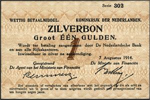 1 Zilverbon, 7 Augustus 1914, serie 302. One vertical crease in the middle. (Thin paper). 01