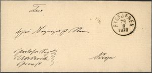 Brevomslag, sendt portofritt, pent stemplet "Rysfjæren 28.8.1878".
