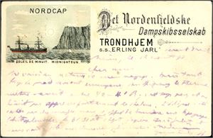 Norcap-kort. Det Nordenfjeldske Dampskibsselskab Trondhjem, S.S. "Erling Jarl". Brukt i 1896. Ankomststemplet "Galati 18 Aug 96" i Romania". K-2