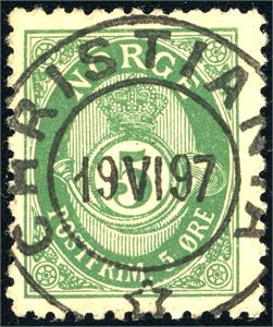 67. 5 øre grovtagget Knudsen, rettvendt fullstemplet "Christiania 19.6.97". Ja, det er "bare "Christiania", men finere merke vil du knapt finne".
