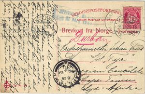 NK 100. Kort med motiv Frognerkilen sendt til Sør-Afrika 26-03-1910.