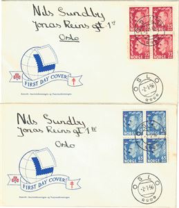 FDC Haakon 1956, 35 og 65 øre. 2 brev med 4-blokker, vignett 1