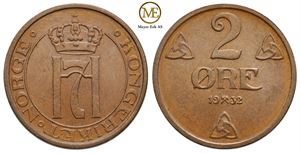 2 øre 1932 Haakon VII. Kv.0