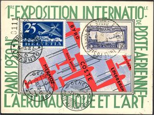 Yv. A 6c. 1,5 Fr Air mail with permin "Eipa 1930" together with a 25 c from Switcherland on a special card.