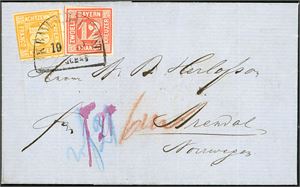 6,7. Bayern. 12 Kr og 18 Kr on complete letter dated "Nürnberg 19 oct 1859" to Arendal, Norway. The 12 Kr with four margins and the 18 Kr with 3 margins. A very fresh letter.