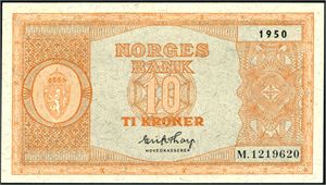 10 kroner 1950, serie M.1219620. 01