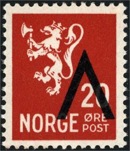 282. 20 øre Løve, variant "Omvendt V-overtrykk". Garantistemplet "Ekte OFK" og attest Enger.