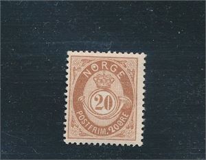 Nk 39 variant 1 xx. 20øre med hvit flekk i "O". Pent merke