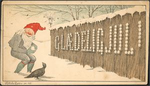 Wilhelm Larsen. Nisse med snøball. Utgitt ca 1883/84. Flere anmerkninger. Bl.a. er øvre høyre hjørne med kraftig brett, og hjørnet er restaurert med litt tape. K-3