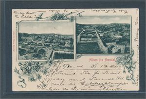 HILSEN FRA ARENDAL (John S. Olsen) Mye skrift foran, sendt til Danmark 1901