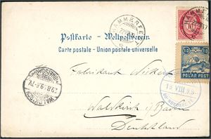 77,Spitsbergen E 2. 10 øre Posthorn på "Bade"-postkort, stemplet "Hammerfest 22.8.99" og ved siden påsatt en 10 øre Spitsbergen-etikett som er stemplet "Nordlicher 80 Nordbreite 18.8.99". Etiketten med feil.