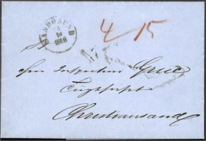 Komplett ubetalt brev, datert "Kiel 23. oct 1858" og sendt til Christiansand med skip. Stemplet "Sandøsund" samme dag og satt i porto med 15 sk.sp.