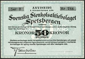 50 kroner Aktiebolaget Spetsbergens Svenska Kolfält 1923/24, serie B, nr. 788. Blankett.