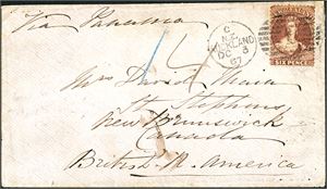DWI. 6d New Zealand on envelope to New Braunswick, Canada , cancelled "C N.Z. Auckland DC 3 67" and sent via D.W.I. "St. Thomas Ja 12 68", "Saint John Ja 25 1868" and arrival postmark "St. Stephen" at reverse.
