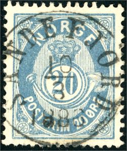 46 b. 20 øre 21 mm, rettvendt fullstemplet "Sandefjord 10.3.1886". En halv tagg nede.