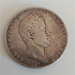 ITALIENSKA STATER, SARDINIEN. CARLO ROBERTO 5 Lire 1841. 25 gr silvermynt, kanthack. (Kv 1)