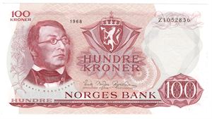 100 kroner 1968 Z.1052836. 1-million erstatningsseddel. Kv.0