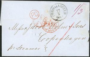 A complete letter, dated "St Croix 27 Feb. 1869", with "Christiansted 27.2.1869" postmark and "St Thomas Feb 28 69" and transitt "London Paid 16 Mr 69" at front. Postage rate 1 sh/3d is written in upper right corner, same place at British stamps has been removed from. At reverse it is three postmarks: "St Thomas 28.2.1869", "Kjøbenhavn 18.3" and "Kjøbenhavn Christiansh. 18.3".