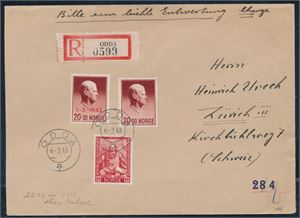 NK 296,300-1. Flott rek brev med begge Quislingmerkene st "Odda 6-2-43" til Sveits. Sensur remse bak.