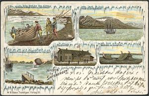 77,E 4. Hilsen fra Spitsbergen med 5 vignetter. Påsatt en 10 øre Posthorn, stemplet "Digermulen 14.7.03" og sendt til Tyskland. Ved siden påsatt en grønn 5 øre Spitsbergen-etikett (med en liten feil oppe) som også er stemplet "Digermulen".