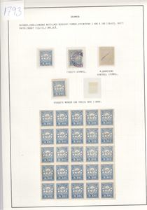 Drammens bypost IV 3 øre oktober 1888.  Albumside med ulike merker, bl.a ett stemplet (med attest) ett med M. Børresens kontrollstempel , ett utagget merke og en større blokk fra ett ark