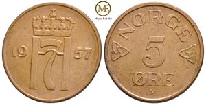 5 øre 1957 Haakon VII. Kv.0