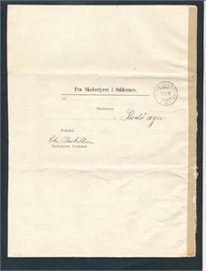 Skoleberetning om Folkeskolerne i Oddernes Herred 1891-95 stemplet "CHRISTIANSSAND 22 I 97" til Bodø sogn
