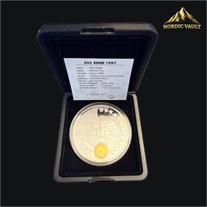 200 Euro proof, Vincent Van Gogh. 5 oz sølv ink 2 gram ren gullbar innfelt, sjelden!