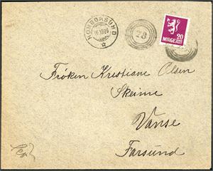 127. 20 øre Løve I på konvolutt, annullert med 4-rings "78" (Hombornes, Eide, Aa), og ved siden stemplet "Homborsund 16.11.26".