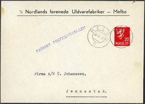 205. 20 øre Løve på konvolutt, stemplet "Melbu 30.4.40" og sendt til Jennestad. Ved siden sensurstempel "Passert Postkontrollen" i blått.