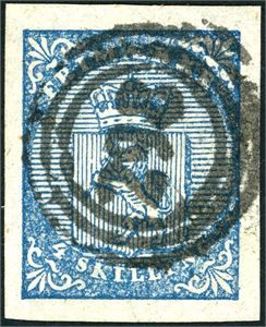 1. 4 skilling våpen 1855, anert med nummerstempel "298" (Sunddal, MR, 8 pkt). Gode marger.