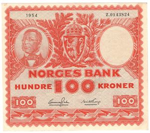 100 kroner 1954 Z.0143824. Erstatningsseddel. RR-seddel. Kv.1+