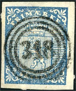 1. 4 skilling våpen 1855, anert med et rettvendt nummerstempel "318" (Tønset, HE, 5 pkt). Tre gode- og en normal marg.