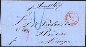 Tre ufrankerte brev, alle sendt fra Hamburg til Norge i 1856, 1860 og 1871 og alle med direksjonspåskrift: "pr. Nordsjernen", "pr. Jupiter" og "pr. St. Olaf".