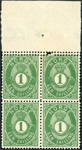 16 IIb. 1 skilling Posthorn i 4-blokk fra øvre del av arket, der øverste rad har variant "Dobbelttagget". De øverste er hengslet og med noe sluppet tagging.