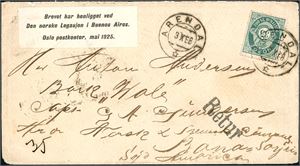 29 b. 35 øre skravert Posthorn på konvolutt til Argentina, stemplet "Arendal 3.10.88". Ved siden påsatt etikett "Brevet har henligget ved Den Norske Legasjon i Buenos Aires. Oslo Postkontor, mai 1925." samt linjestempel "Retur". Baksiden stemplet "Buenos Aires 1 No 88".
