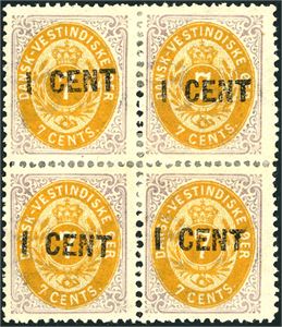 14. DWI. 1 cent Provisional 1. printing with inverted watermark in a block of four. Heavily hinged. Cert. Grønlund.