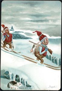 August Mollestad. Bjørnstjerne Bjørnson og Chr. Michelsen på jakt. Kartongkort. K-1