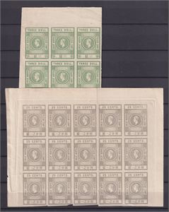 USA.  Telegrafmerker.  2 arkdeler med 25 cent og "Three doll"  Telegrafmerker.  Til sammen 24 merker