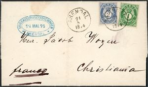 16 Ia,17. 1 skilling- og 2 skilling Posthorn på komplett brev til Christiania, stemplet "Arendal 21.5.1874". 2 skillingen fra en sen trykningsfase i 1873.
