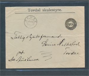 Brev logo Tovdal skulestyre med 4-rings "646" (Austenå) sidestemplet "RAMSE  7 XI 24". Brevet mangler klaff bak