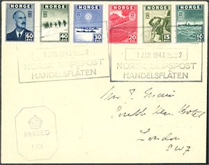 333/38. Londonmerkene i komplett serie på konvolutt, stemplet "Norsk Skipspost Handelsflåten 1 Jan 1943 - 2". Sensurstempel i nedre venstre hjørne.