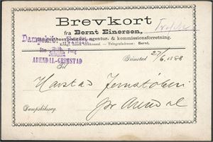 Privat ufrankert Brevkort fra Bernt Einersen, påskrevet "Trafik" og stemplet med det dekorative private stempelet "Dampskip: "Trafik" Søm Fevig Arendal-Grimstad"" i lilla.