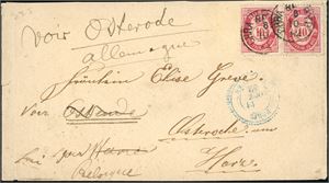 37 I. To 10 øre Posthorn 1882 på konvolutt, stemplet "Chra 8F Byp 8.10.82" og sendt til Le Havre i Frankrike, da posten ikke klarte å tyde at det skulle til Wawre i Belgia. Påskrevet "Voir Ostende på forsiden sammen med Fransk transittstempel. Baksiden med tysk "Ausg." og ankomststempel "Wavre 1882".